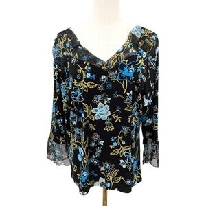 Floral Chiffon V‎ Neck Blouse Flowy Sheer Sleeves Lightweight Top XL